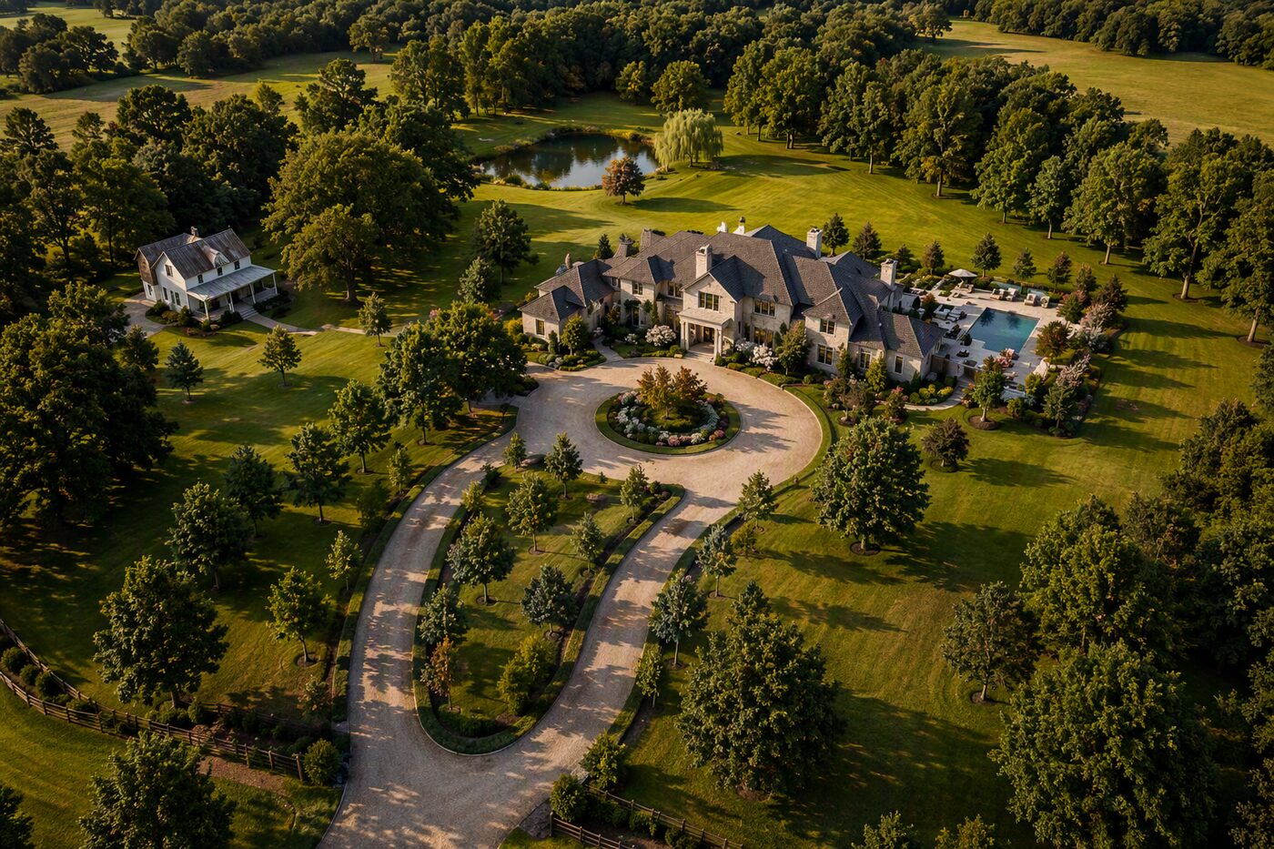 Aerial view of a retained farmhouse and barn beside a new estate home and approach drive