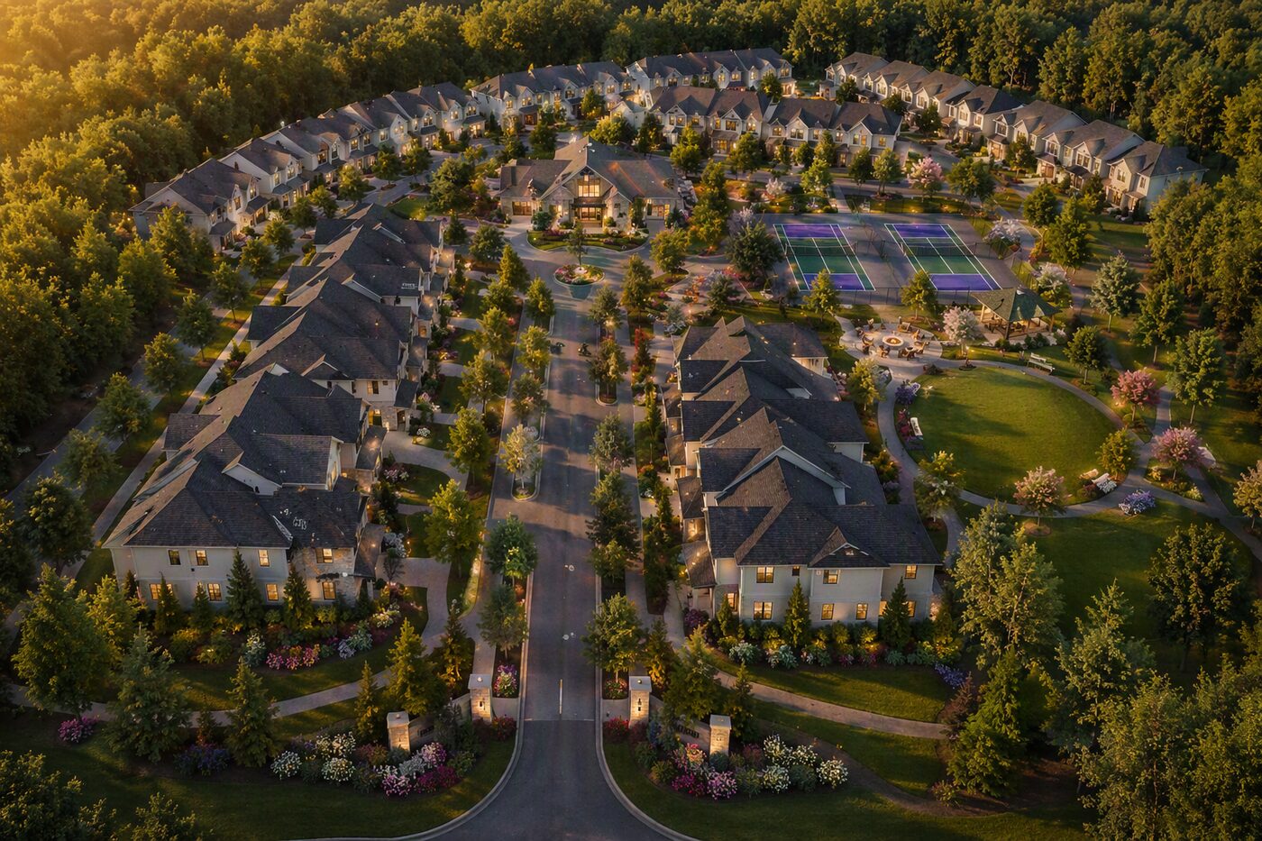 Aerial rendering of a completed multi-family townhome community showing the clubhouse, pool, tennis and pickleball courts, gated entrance, and mature landscaping