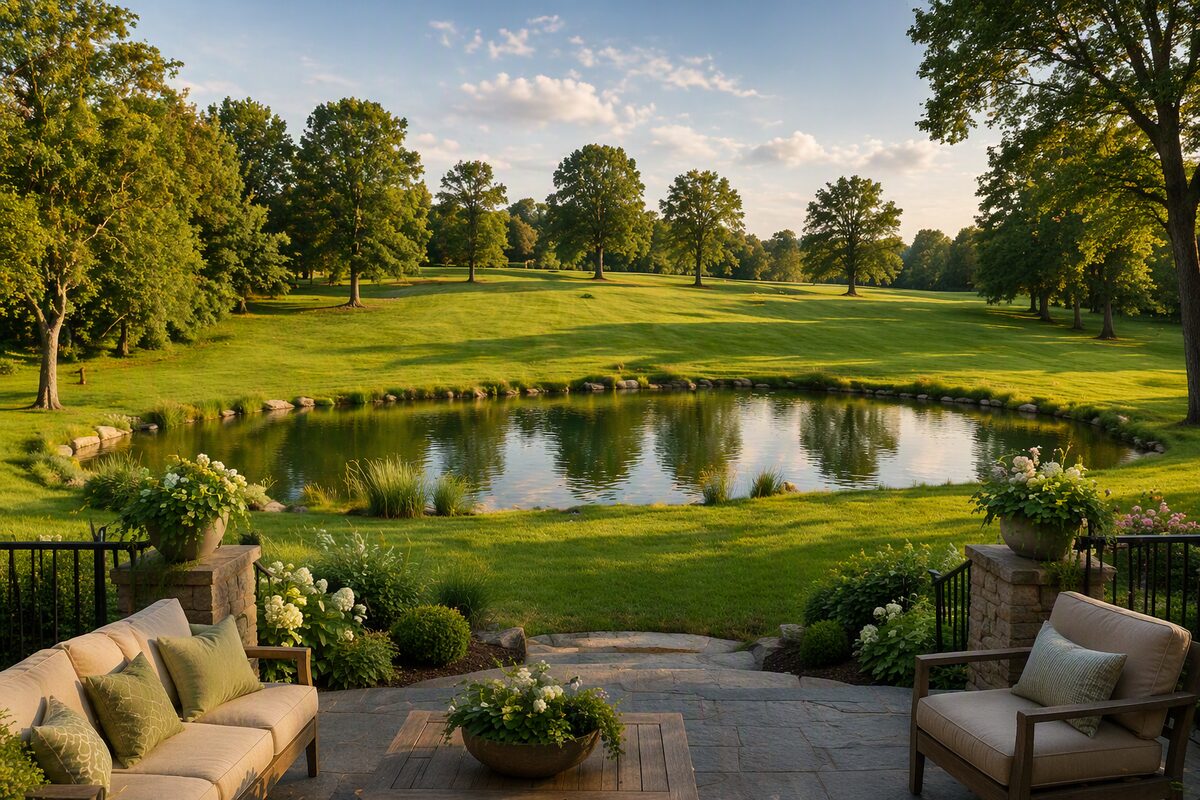 Rear yard patio overlooking a pond and mature open lawn