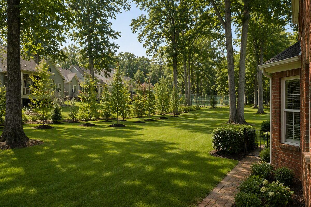 Newly planted screening trees along a property line, growing in to provide natural privacy